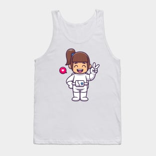 Cute Girl Astronaut With Peace Hand Cartoon Tank Top